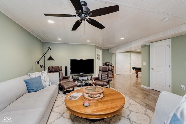 823 Colin Dr, Avon, IN 46123 - living room featuring light wood-type flooring, recessed lighting, wood ceiling, and a ceiling fan