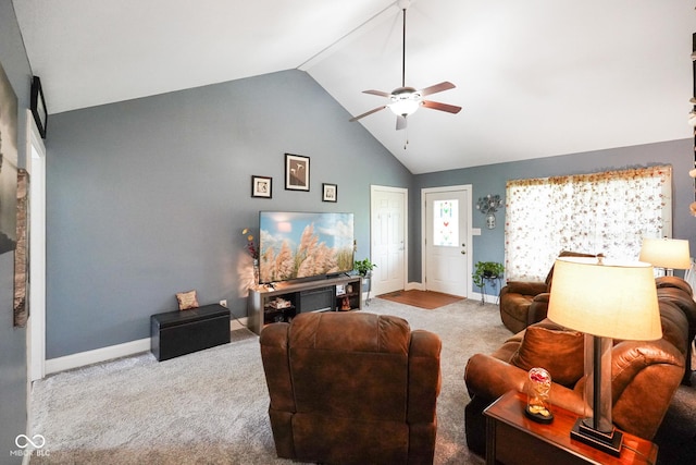 6020 E Smokey View Rd, Mooresville, IN 46158 - living area with a ceiling fan, carpet flooring, and high vaulted ceiling