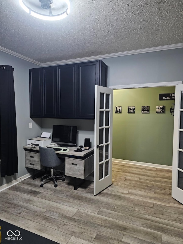 10450 Wintergreen Way, Indianapolis, IN 46234 - office area featuring crown molding, light wood-style flooring, and a textured ceiling