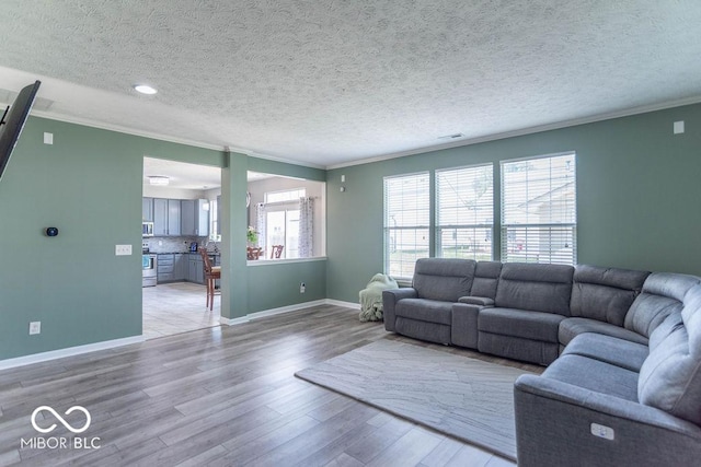 10450 Wintergreen Way, Indianapolis, IN 46234 - living room featuring ornamental molding, wood finished floors, a textured ceiling, and recessed lighting
