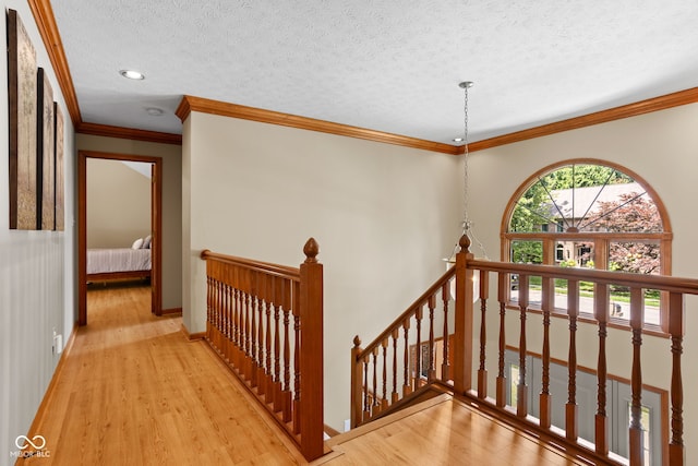 7621 Forest Dr, Fishers, IN 46038 - corridor with an upstairs landing, wood finished floors, a textured ceiling, and ornamental molding