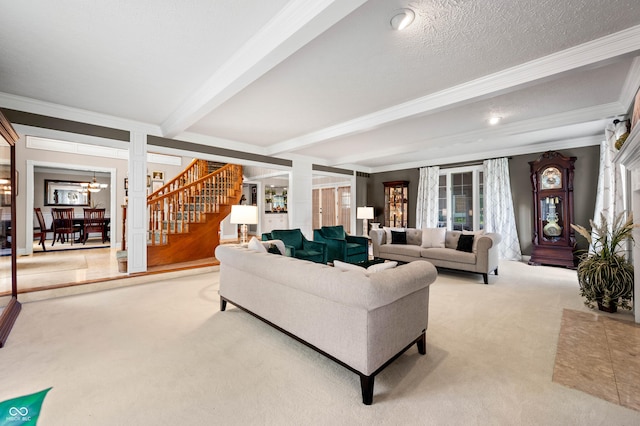 115 Jordan Rd, Indianapolis, IN 46217 - living area featuring stairs, crown molding, light carpet, beam ceiling, and a chandelier