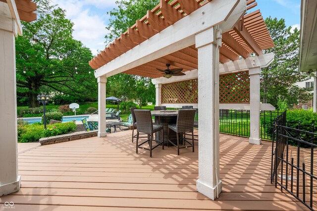 115 Jordan Rd, Indianapolis, IN 46217 - wooden deck with outdoor dining area, a pergola, and a ceiling fan