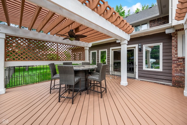 115 Jordan Rd, Indianapolis, IN 46217 - wooden terrace with a pergola, a ceiling fan, and outdoor dining space