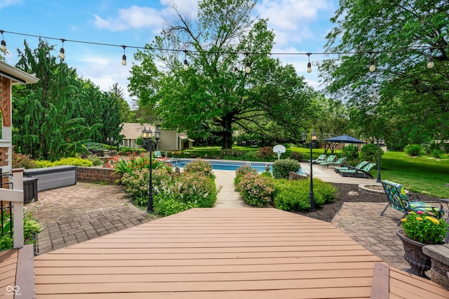 115 Jordan Rd, Indianapolis, IN 46217 - wooden deck with a patio, an outdoor pool, and view of scattered trees