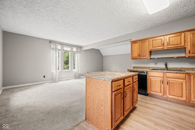 115 Jordan Rd, Indianapolis, IN 46217 - kitchen featuring dishwasher, open shelves, a kitchen island, a textured ceiling, and light countertops
