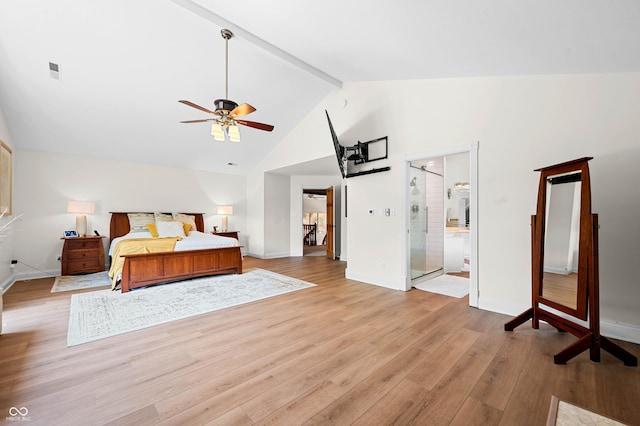 115 Jordan Rd, Indianapolis, IN 46217 - bedroom featuring beam ceiling, light wood-style floors, high vaulted ceiling, and a ceiling fan