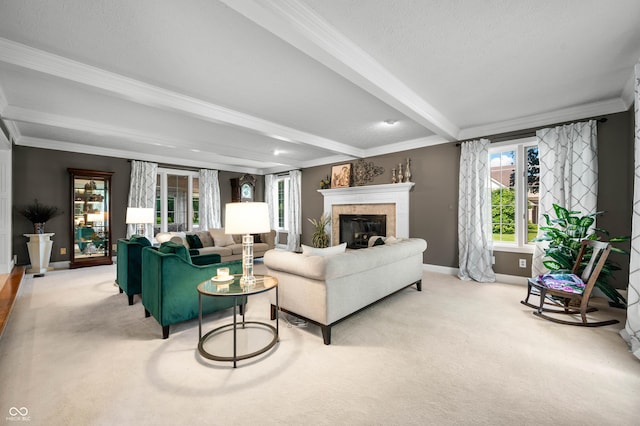 115 Jordan Rd, Indianapolis, IN 46217 - carpeted living room with healthy amount of natural light, crown molding, a glass covered fireplace, and beam ceiling