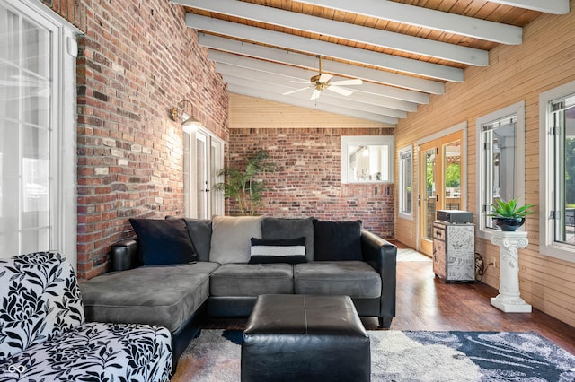 115 Jordan Rd, Indianapolis, IN 46217 - living area featuring brick wall, wood finished floors, ceiling fan, and wood walls