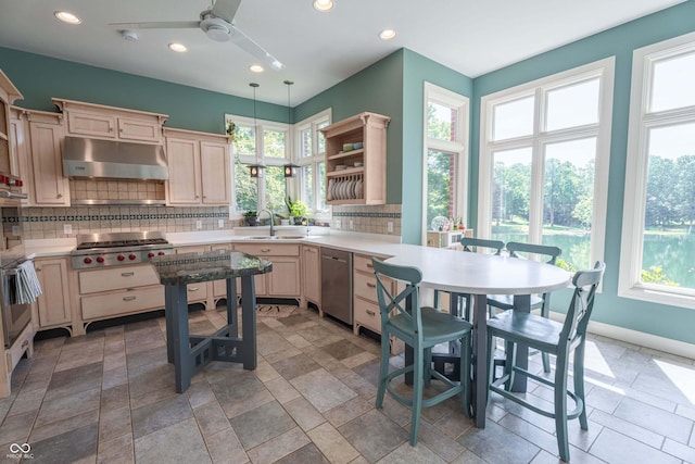 13299 W Wildflower Dr, Columbus, IN 47201 - kitchen featuring under cabinet range hood, stainless steel appliances, a ceiling fan, plenty of natural light, and recessed lighting