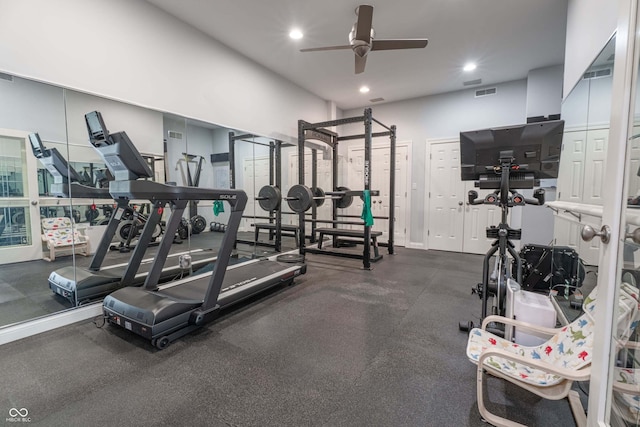 13299 W Wildflower Dr, Columbus, IN 47201 - exercise room featuring ceiling fan and recessed lighting
