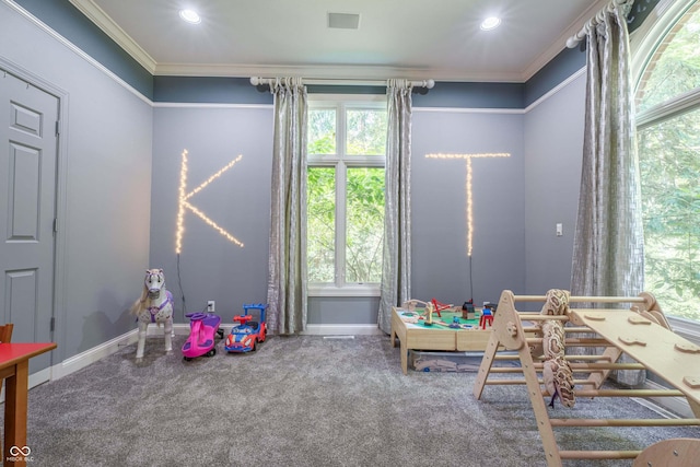 13299 W Wildflower Dr, Columbus, IN 47201 - game room with crown molding, healthy amount of natural light, carpet flooring, and recessed lighting
