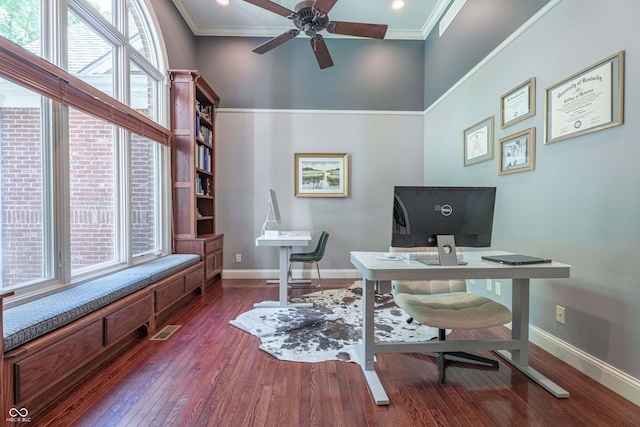 13299 W Wildflower Dr, Columbus, IN 47201 - office space with a ceiling fan, healthy amount of natural light, hardwood / wood-style floors, ornamental molding, and a high ceiling