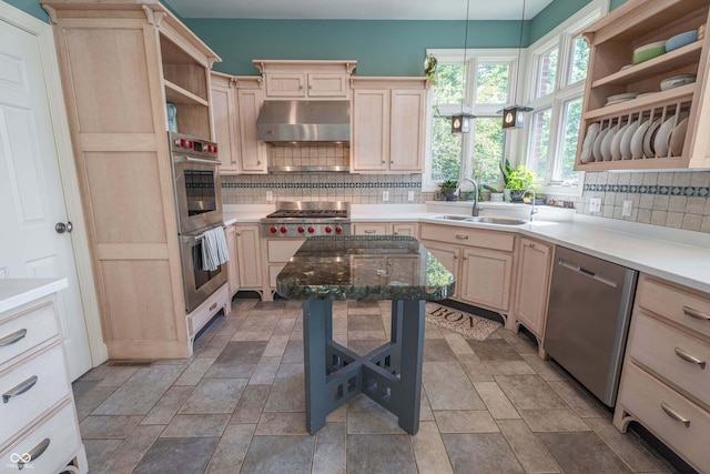 13299 W Wildflower Dr, Columbus, IN 47201 - kitchen with open shelves, appliances with stainless steel finishes, under cabinet range hood, and tasteful backsplash