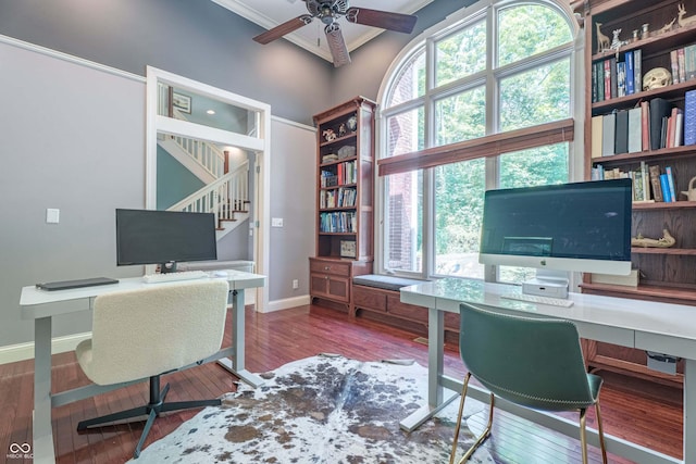 13299 W Wildflower Dr, Columbus, IN 47201 - home office with hardwood / wood-style flooring, ceiling fan, and crown molding