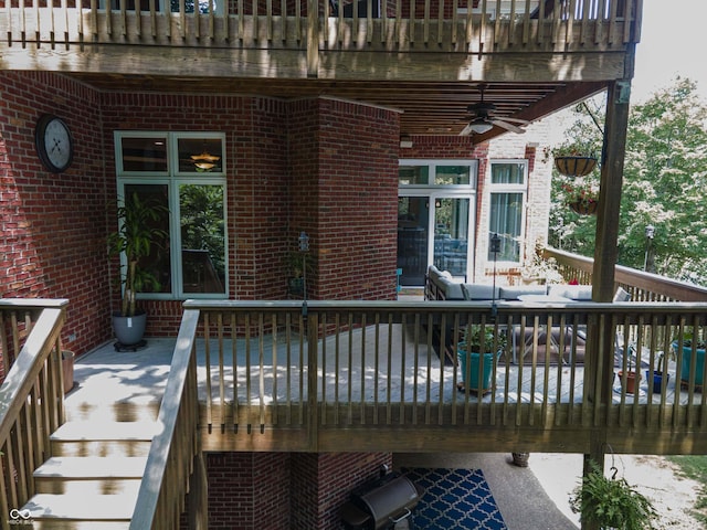 13299 W Wildflower Dr, Columbus, IN 47201 - wooden terrace featuring ceiling fan and stairway