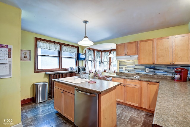 1934 N New Jersey St, Indianapolis, IN 46202 - kitchen featuring dishwasher, under cabinet range hood, electric stovetop, arched walkways, and a center island