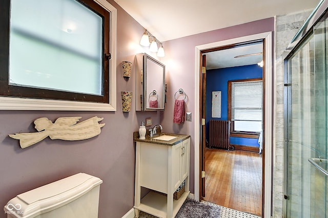 1934 N New Jersey St, Indianapolis, IN 46202 - bathroom featuring radiator heating unit, vanity, and a shower with door
