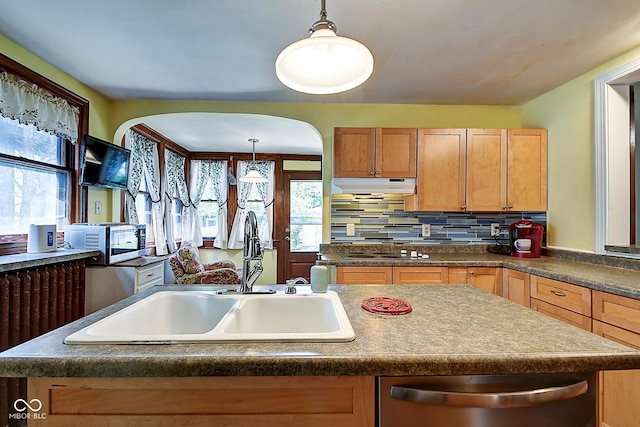 1934 N New Jersey St, Indianapolis, IN 46202 - kitchen with under cabinet range hood, stainless steel appliances, decorative light fixtures, arched walkways, and dark countertops