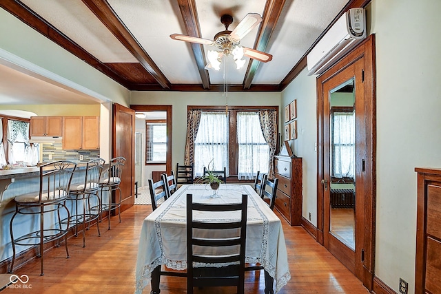 1934 N New Jersey St, Indianapolis, IN 46202 - dining room with a ceiling fan, wood finished floors, beamed ceiling, and radiator heating unit
