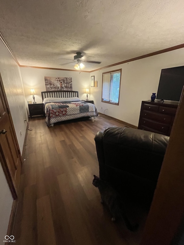 10308 Stormhaven Way, Indianapolis, IN 46256 - bedroom with a textured ceiling, ornamental molding, wood finished floors, and a ceiling fan
