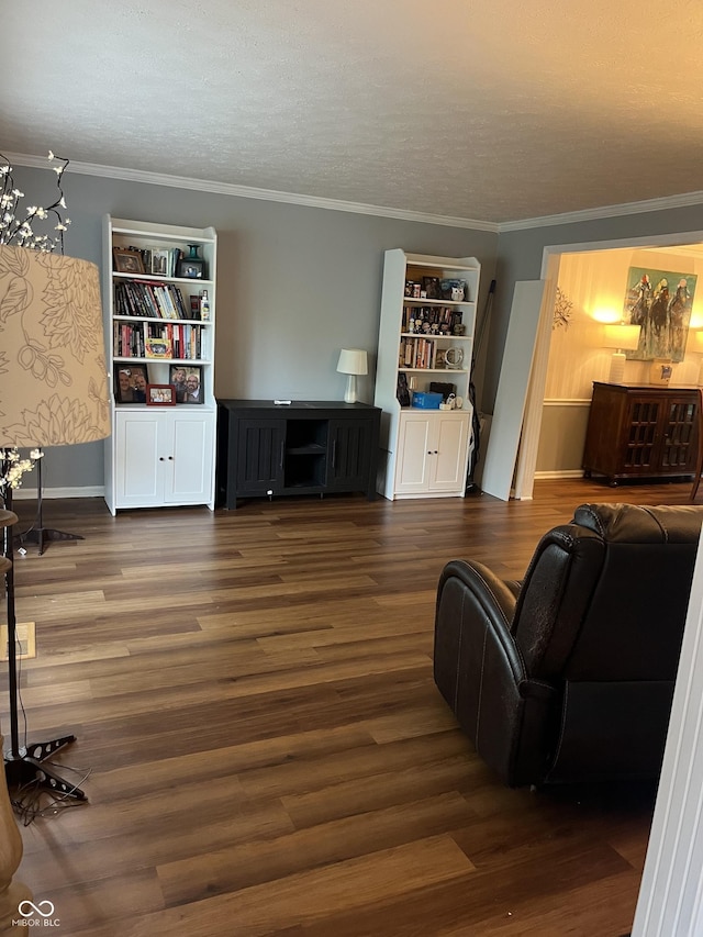 10308 Stormhaven Way, Indianapolis, IN 46256 - living room with dark wood-style flooring, crown molding, and a textured ceiling
