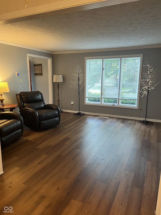 10308 Stormhaven Way, Indianapolis, IN 46256 - living room with crown molding, dark wood-style flooring, and a textured ceiling