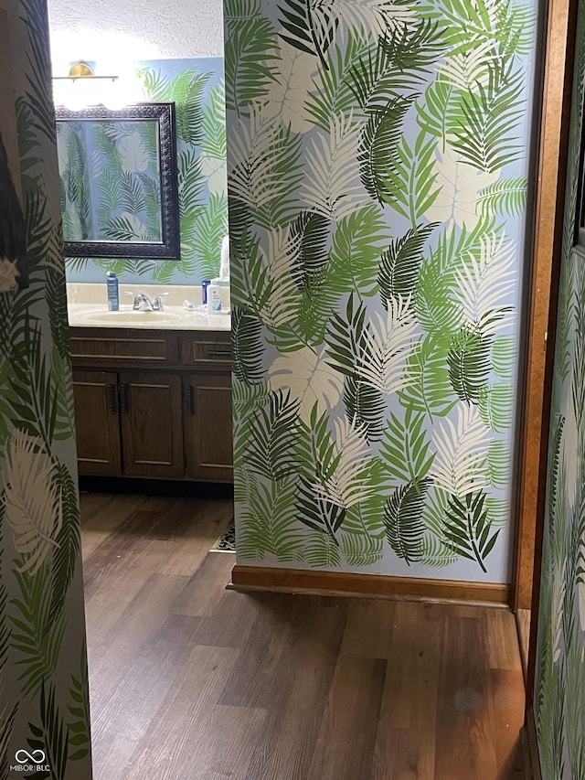 10308 Stormhaven Way, Indianapolis, IN 46256 - bathroom featuring wood finished floors, vanity, and wallpapered walls