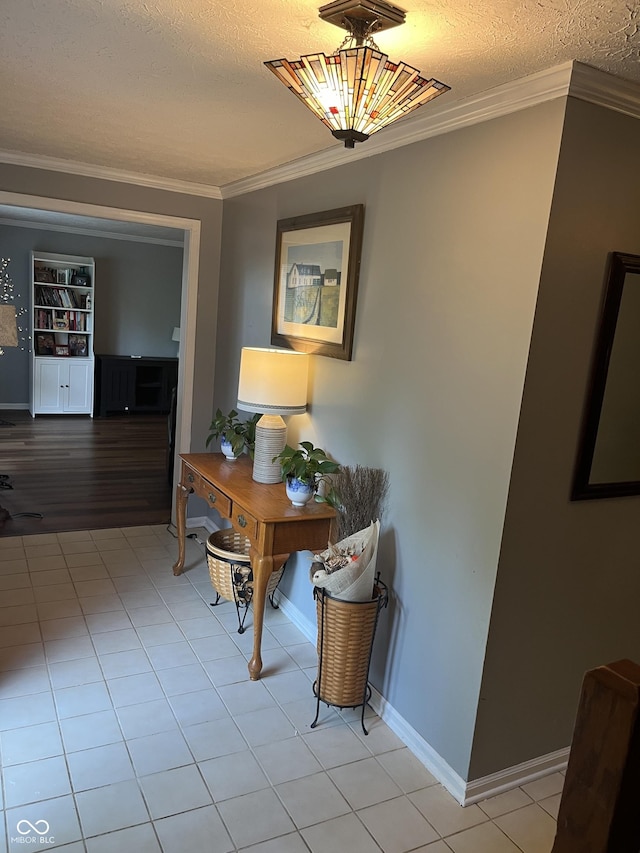 10308 Stormhaven Way, Indianapolis, IN 46256 - corridor with crown molding, a textured ceiling, and light tile patterned floors