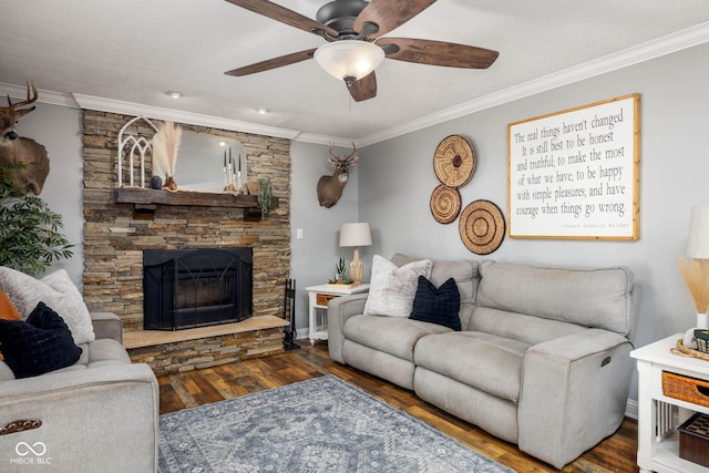 2748 S Meridian Rd, Greenfield, IN 46140 - living room with ceiling fan, ornamental molding, wood finished floors, and a fireplace