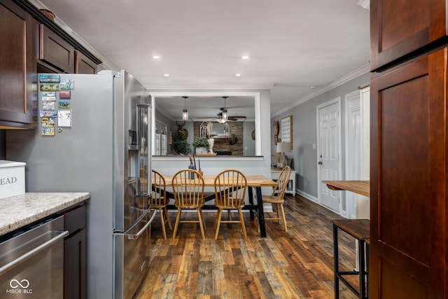 2748 S Meridian Rd, Greenfield, IN 46140 - dining area with dark wood finished floors, ceiling fan, crown molding, and recessed lighting