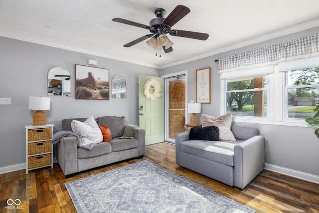 2748 S Meridian Rd, Greenfield, IN 46140 - living room with hardwood / wood-style flooring, crown molding, and a ceiling fan
