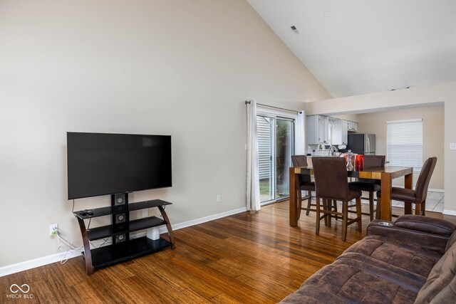 9751 Roxbury Dr, Fishers, IN 46038 - living area featuring high vaulted ceiling and dark wood-style flooring