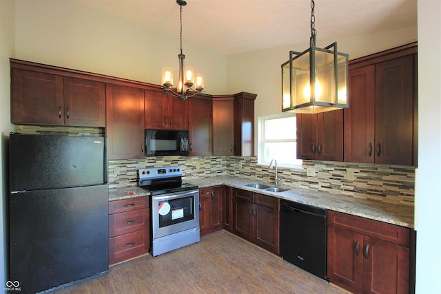 12221 Tallowtree Ct, Indianapolis, IN 46236 - kitchen with black appliances, a chandelier, dark wood-type flooring, backsplash, and reddish brown cabinets