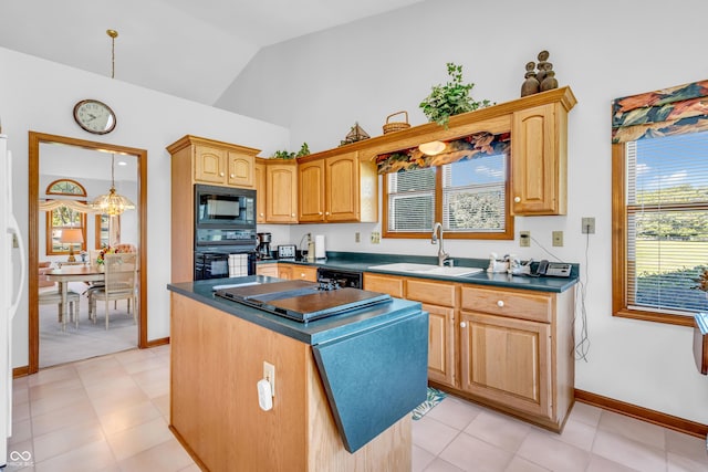 3244 W Burning Tree Rd, Crawfordsville, IN 47933 - kitchen with black appliances, lofted ceiling, dark countertops, and a kitchen island