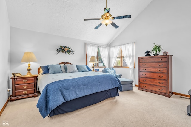 3244 W Burning Tree Rd, Crawfordsville, IN 47933 - bedroom featuring carpet flooring, a ceiling fan, high vaulted ceiling, and a textured ceiling