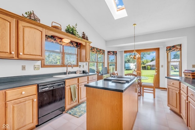3244 W Burning Tree Rd, Crawfordsville, IN 47933 - kitchen featuring black dishwasher, lofted ceiling, dark countertops, a skylight, and a kitchen island