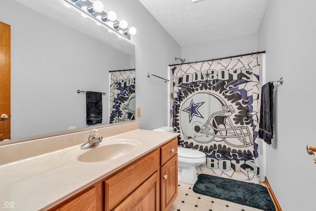3244 W Burning Tree Rd, Crawfordsville, IN 47933 - full bath with vanity, tile patterned floors, a shower with shower curtain, and a textured ceiling