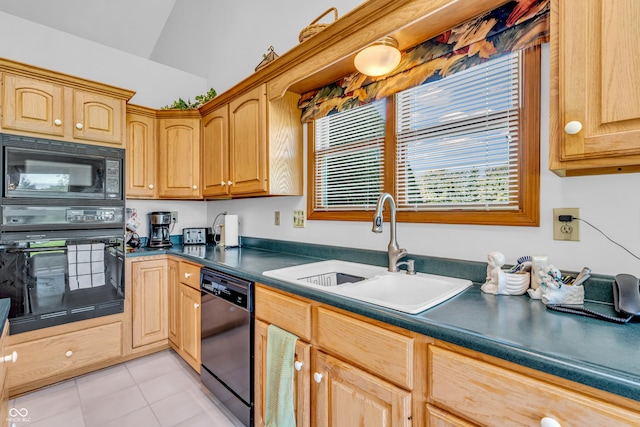 3244 W Burning Tree Rd, Crawfordsville, IN 47933 - kitchen featuring black appliances, light tile patterned floors, dark countertops, and vaulted ceiling