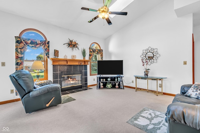 3244 W Burning Tree Rd, Crawfordsville, IN 47933 - carpeted living area with a fireplace, a ceiling fan, and high vaulted ceiling