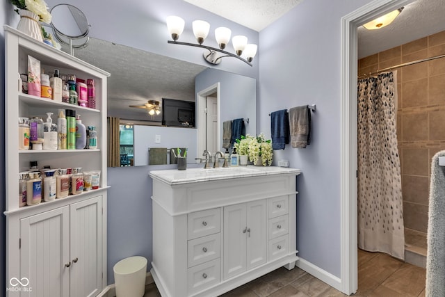 1006 Barry Dr, Lebanon, IN 46052 - full bathroom featuring a textured ceiling, vanity, tiled shower, and a ceiling fan