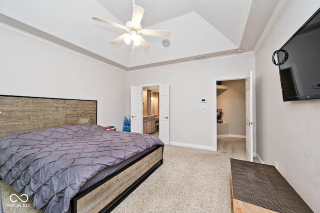 7844 N Timber Run Ct, Indianapolis, IN 46256 - bedroom featuring carpet flooring, ornamental molding, a tray ceiling, ensuite bathroom, and a ceiling fan