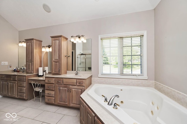 7844 N Timber Run Ct, Indianapolis, IN 46256 - full bathroom featuring a stall shower, vanity, tile patterned flooring, and a tub with jets