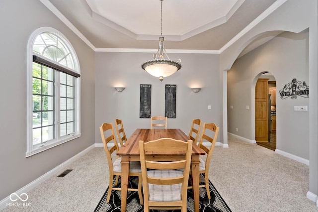 7844 N Timber Run Ct, Indianapolis, IN 46256 - dining area with arched walkways, a raised ceiling, carpet, and healthy amount of natural light