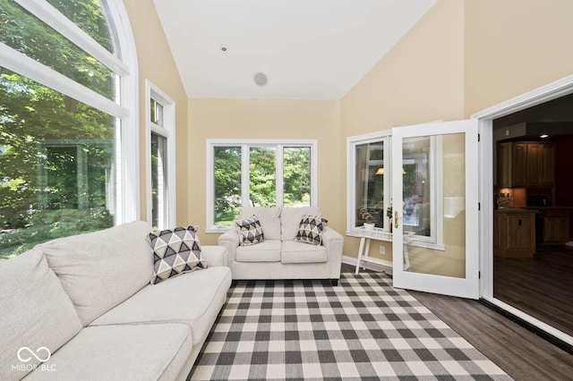7844 N Timber Run Ct, Indianapolis, IN 46256 - sunroom / solarium featuring high vaulted ceiling, wood finished floors, and french doors