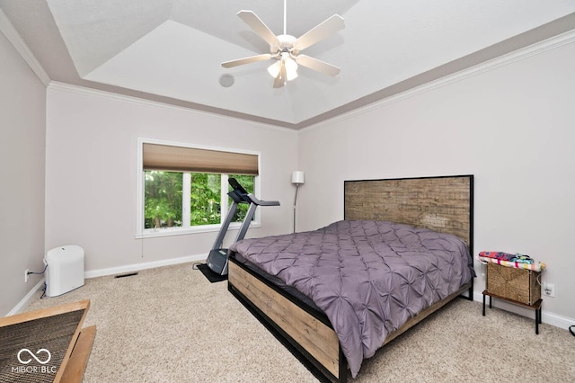 7844 N Timber Run Ct, Indianapolis, IN 46256 - carpeted bedroom with a tray ceiling, crown molding, and a ceiling fan