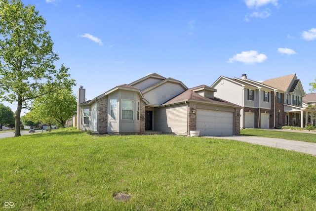 6933 Lohr Way, Indianapolis, IN 46214 - view of front facade with brick siding, a chimney, concrete driveway, a front yard, and an attached garage