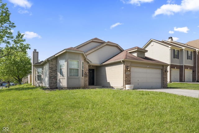 6933 Lohr Way, Indianapolis, IN 46214 - view of front facade with brick siding, a chimney, an attached garage, concrete driveway, and a front lawn