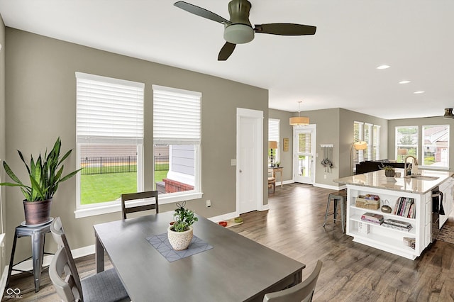 10490 Cleary Trace Dr, Fishers, IN 46040 - dining area with ceiling fan, dark wood-style flooring, and recessed lighting