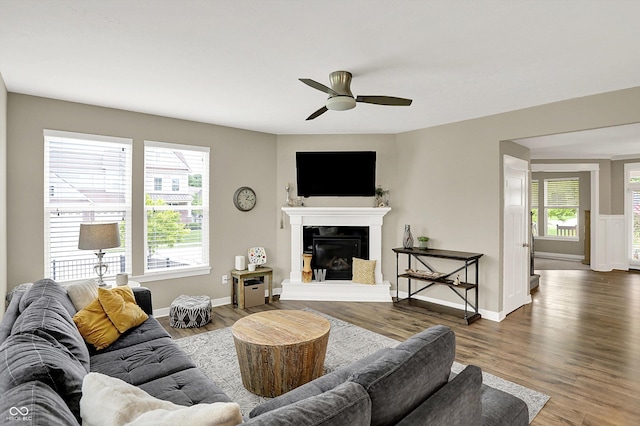 10490 Cleary Trace Dr, Fishers, IN 46040 - living area with a ceiling fan, a glass covered fireplace, and wood finished floors